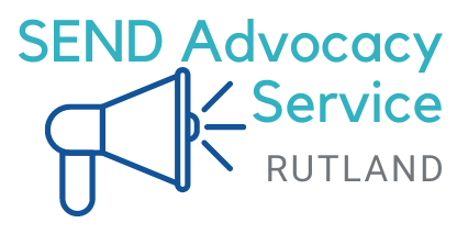  "SEND Advocacy Service, Rutland" written in blue, with a blue megaphone